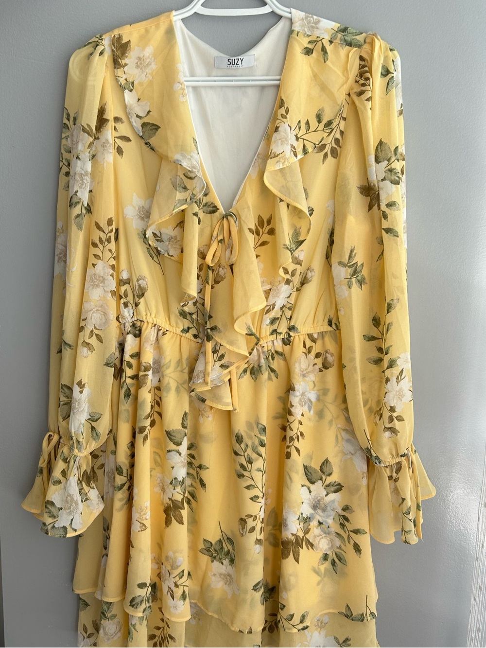 Suzy Yellow Floral Ruffle V-Neck Dress - Picture 2 of 12